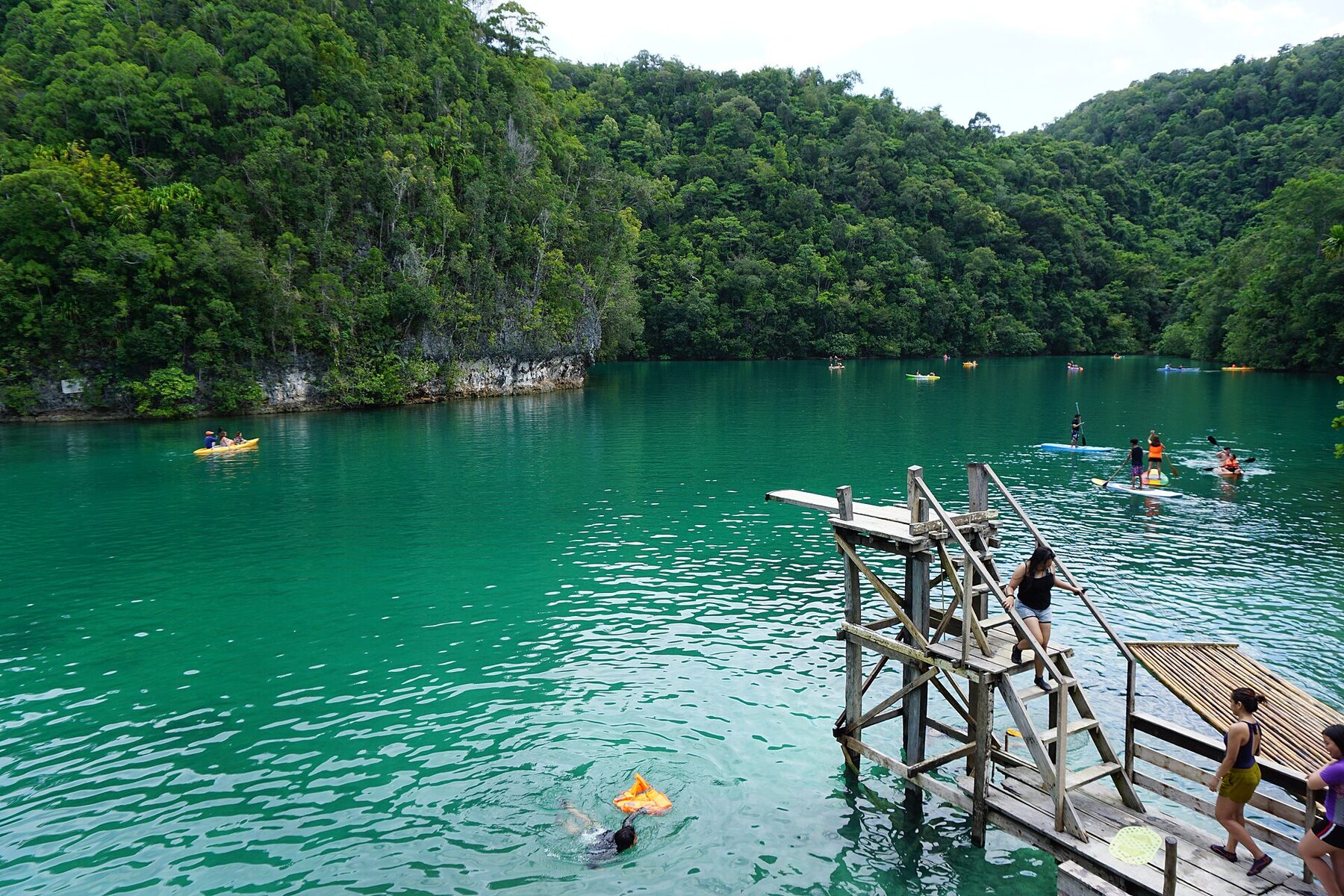 The jade water and dive platform at Sugba Lagoon, Del Carmen, Siargao