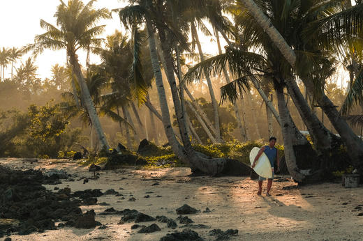 A surfer carrying a board down a coconut-lined beach on Siargao